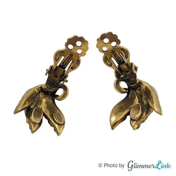 VTG Weiss Aurum Metallic Rhinestones Triple Leaf Bronze Tone Clip On Earrings - Picture 7 of 9